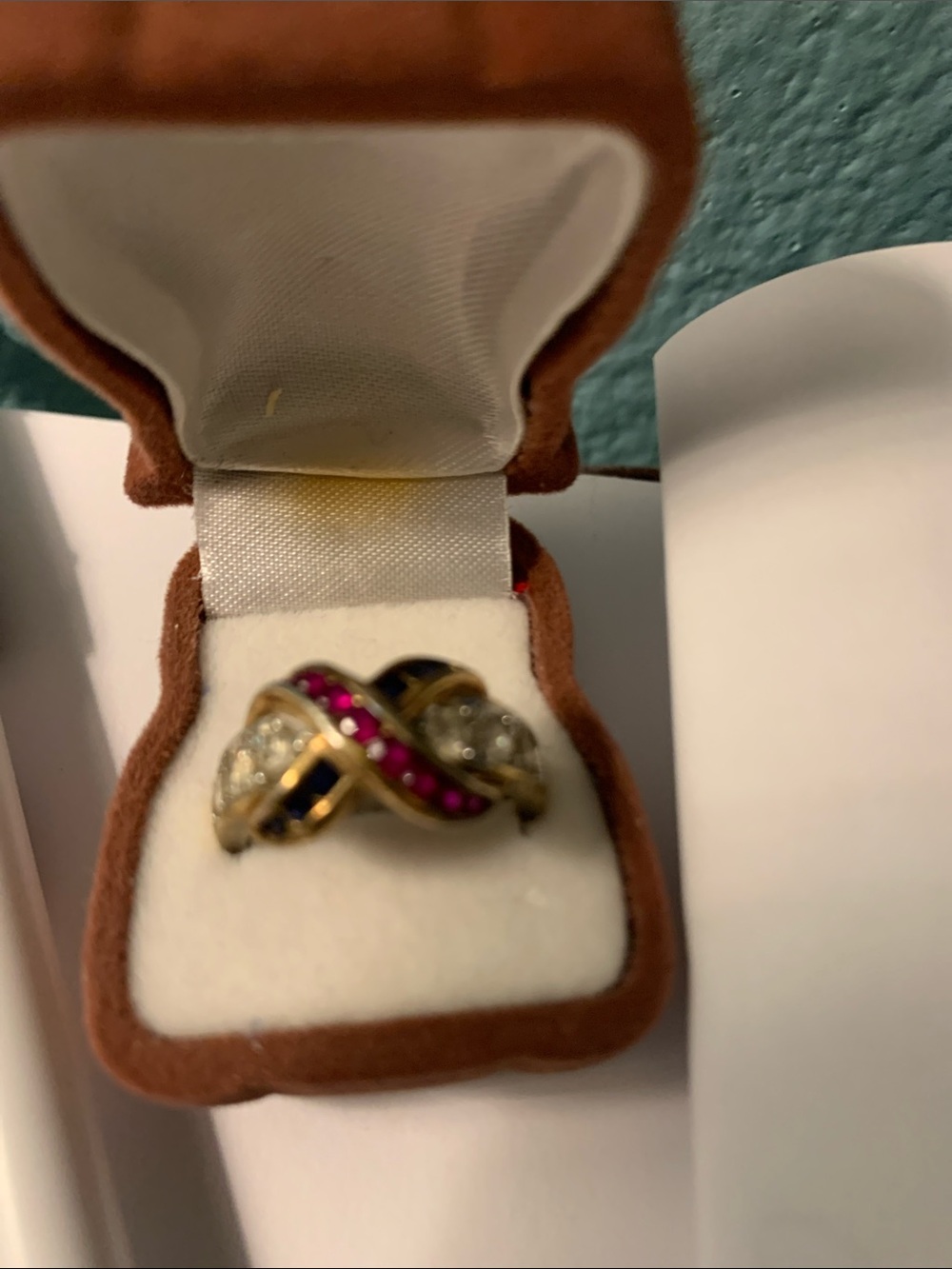 Gold-Tone Crisscross Cocktail Ring with Red/Blue & Clear Gemstones size 7